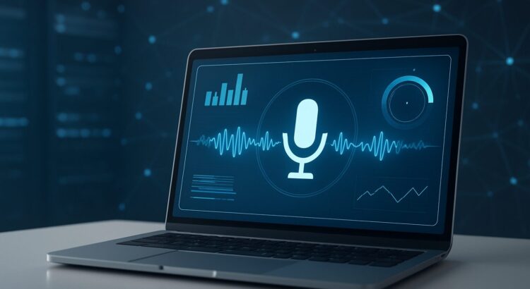 A laptop displaying sound wave patterns and a microphone icon on its screen, set against a dark, high-tech background.