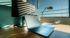 A modern workspace featuring a laptop, desk lamp, and a large monitor by a window with blinds.