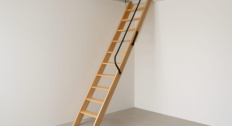 A wooden loft ladder leading up to a ceiling hatch in a minimalist room